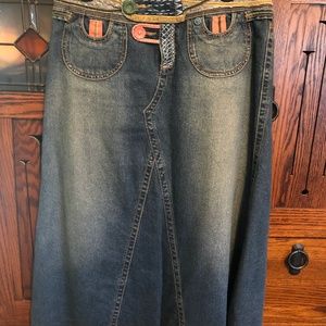 CAbi long embellished jean skirt, size 8